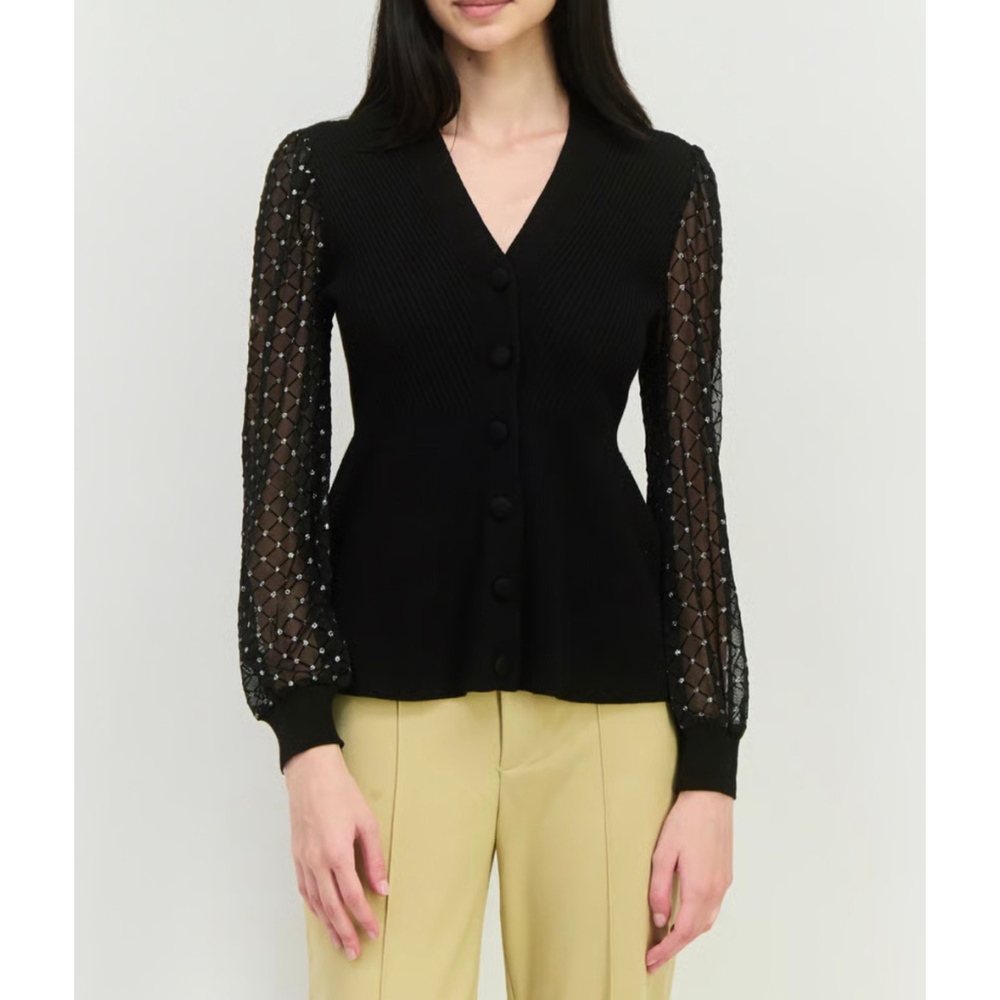 89th and Madison Women's Black Embellished Mesh Sleeve Sweater Twee Wimsigoth